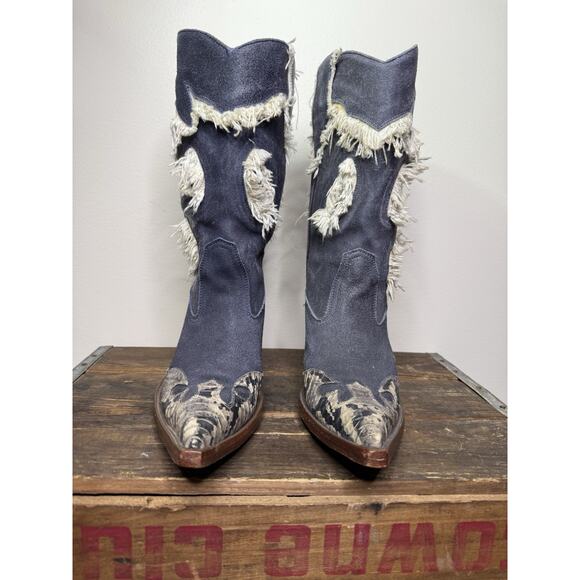 Rare RUDEL Point Toe Western Boots Women's 5E Blue Seude With White Fringe - Picture 2 of 6